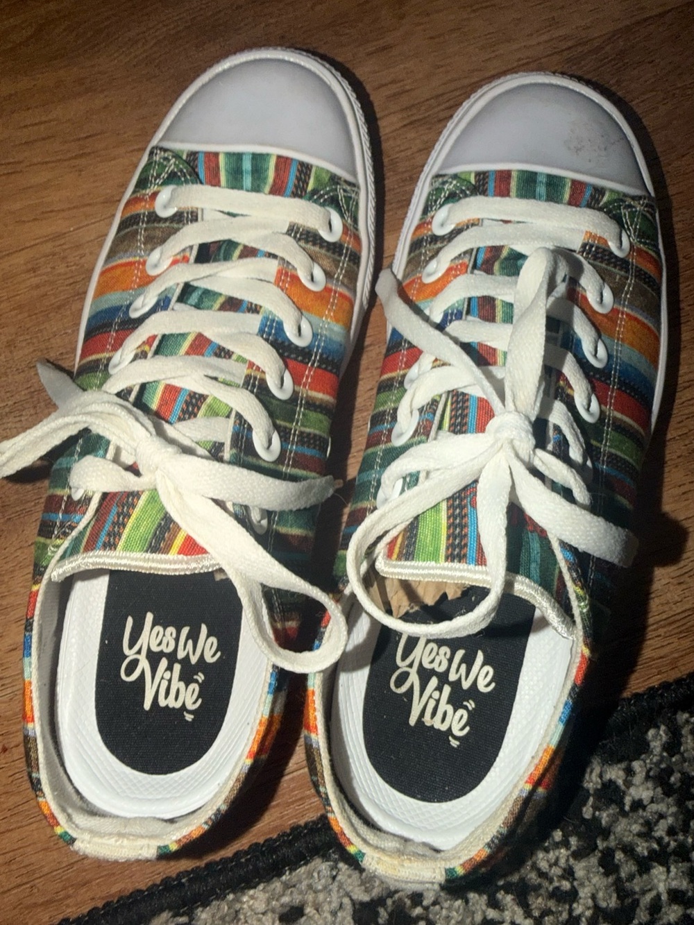 Women’s “Yes we vibe” multicolor striped sneakers. Never worn.